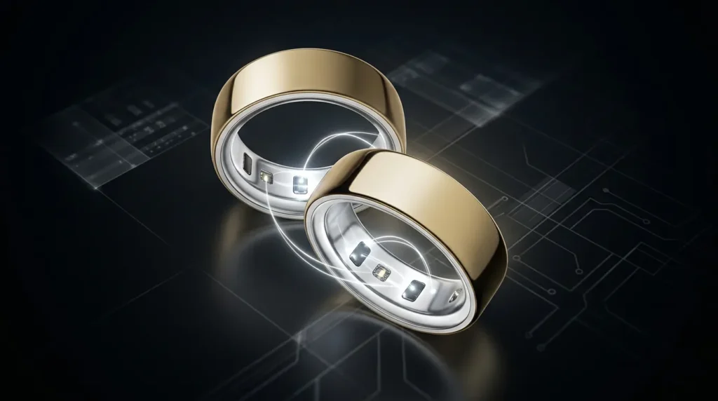 Close-up of recessed biometric sensor nodes inside gold smart rings