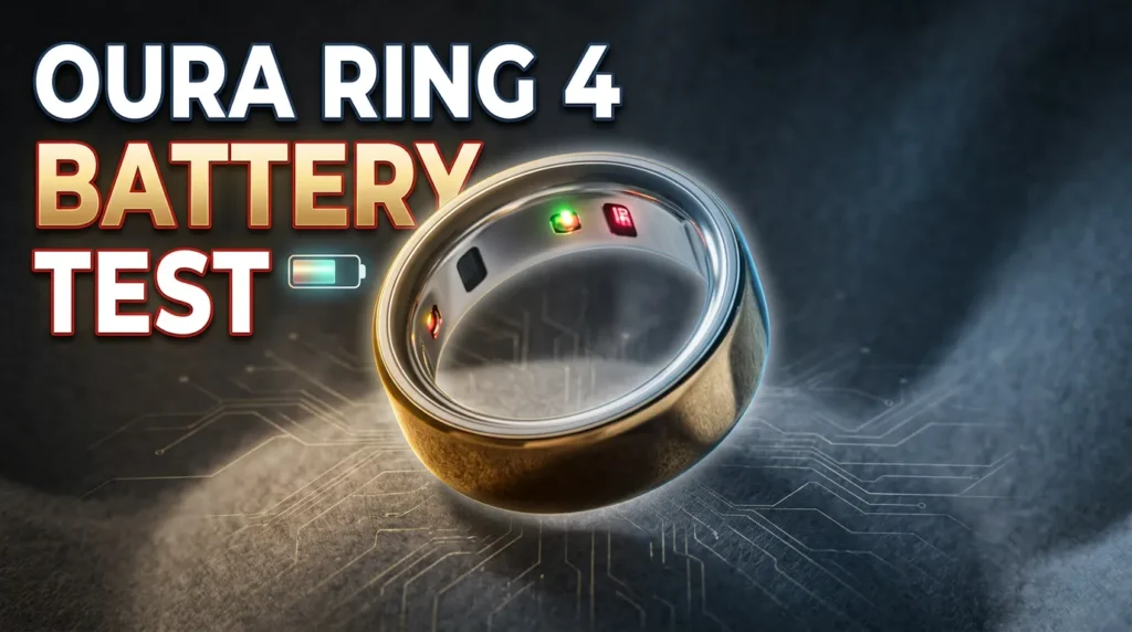Oura Ring 4 battery performance review graphic showing tracking hardware