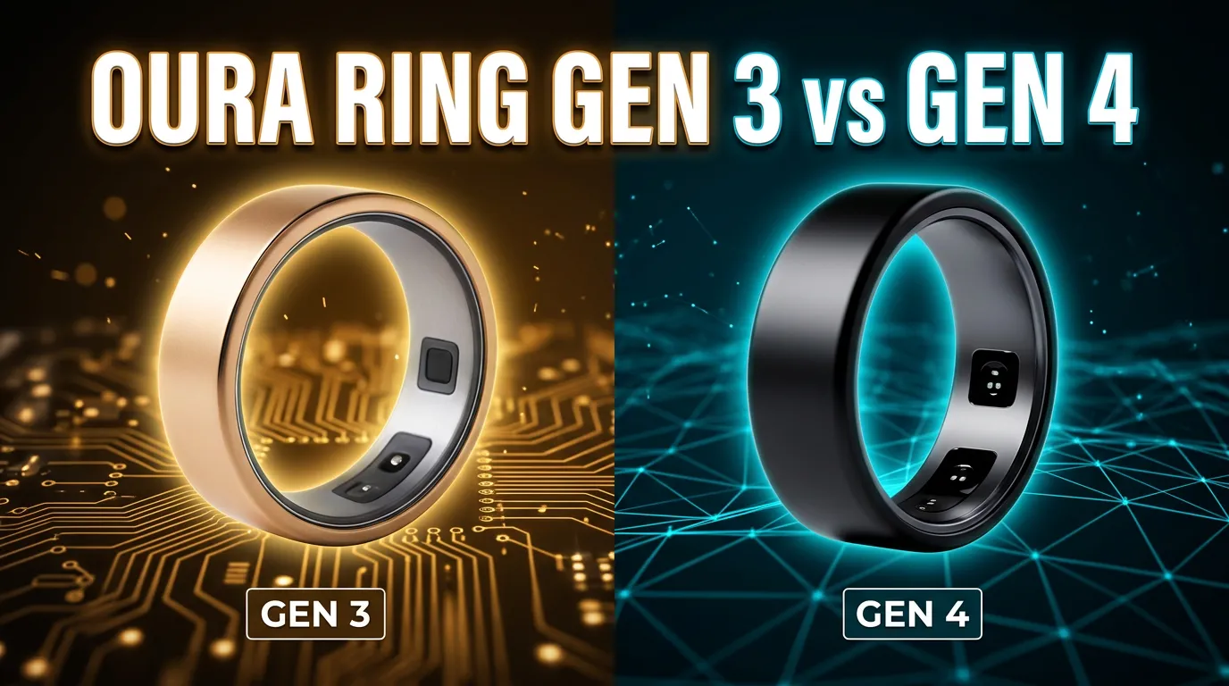 Gold Oura Ring Gen 3 side-by-side with black Oura Ring Gen 4 sensors
