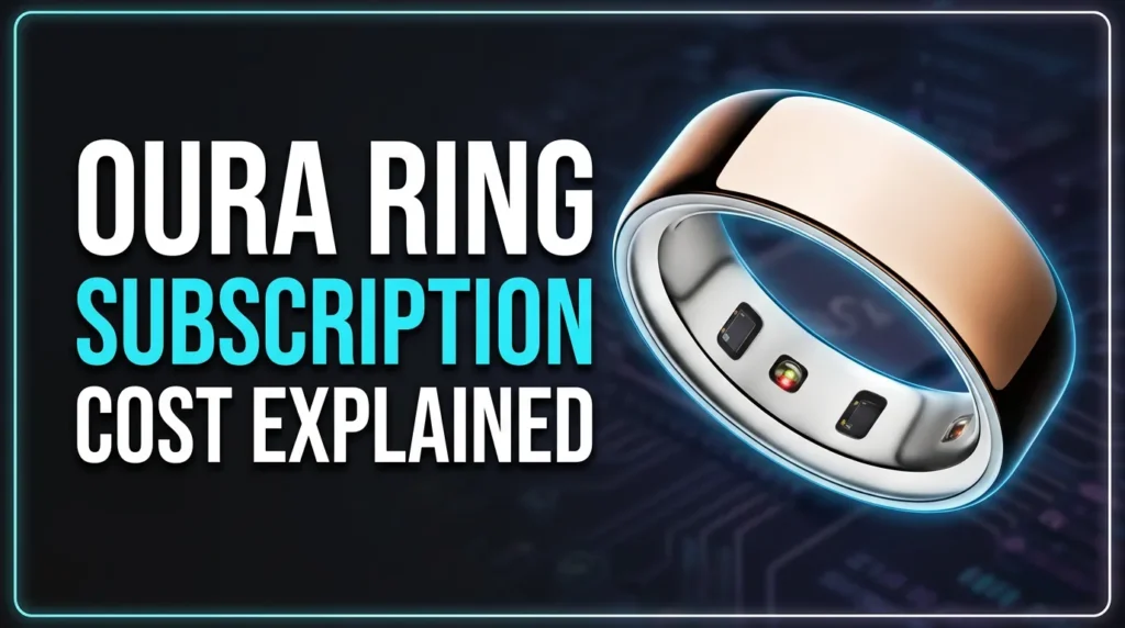 Rose gold Oura Ring next to text explaining monthly subscription costs