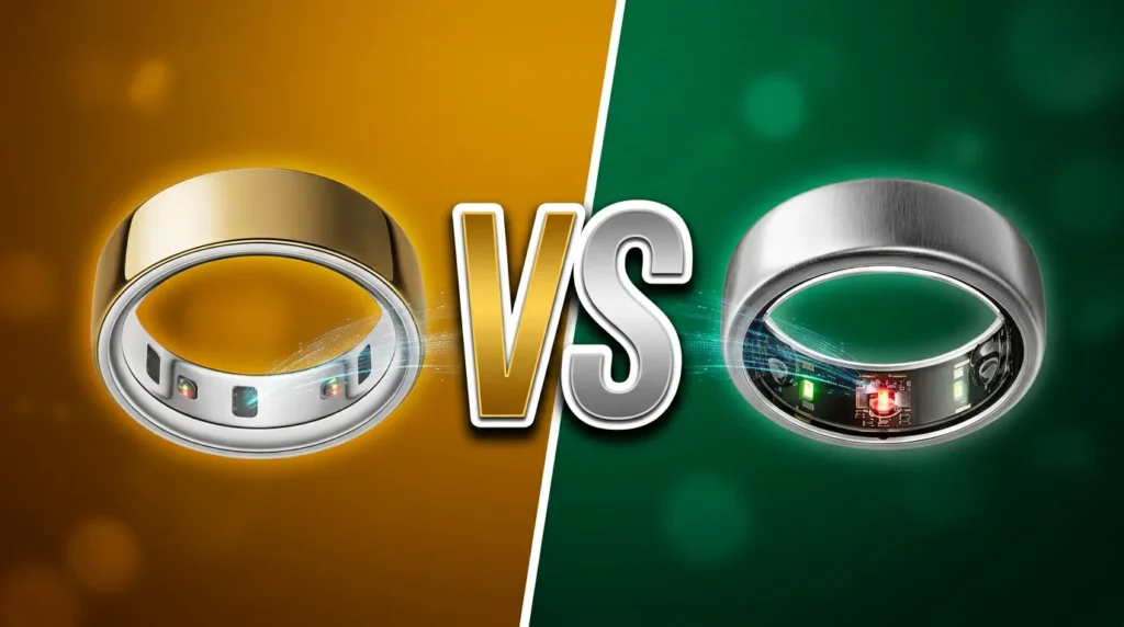Side by side versus comparison layout of two major smart ring brands