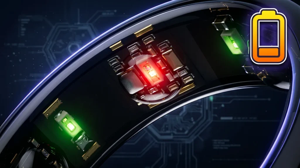 Macro view of smart ring circuit board and sensor lights.