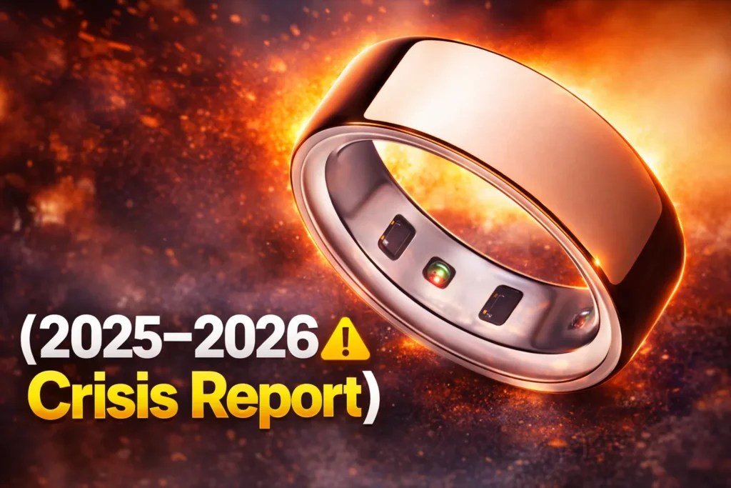Rose gold smart ring interior sensors over a fiery explosion background