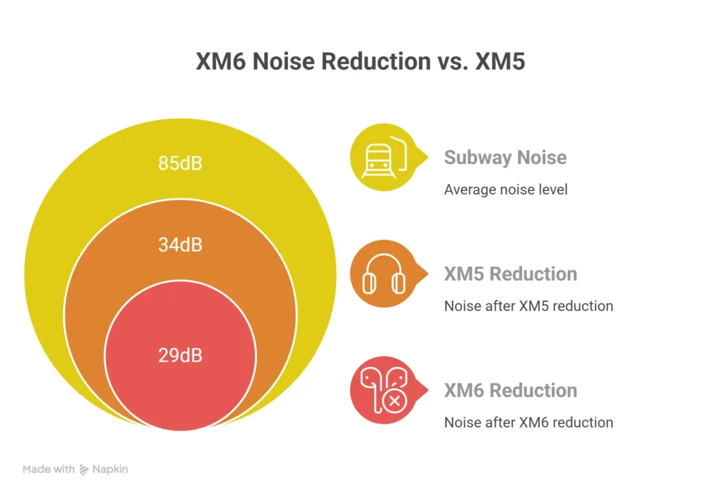 Comparison chart of Sony WH-1000XM6 and XM5 noise reduction in decibels (dB).
