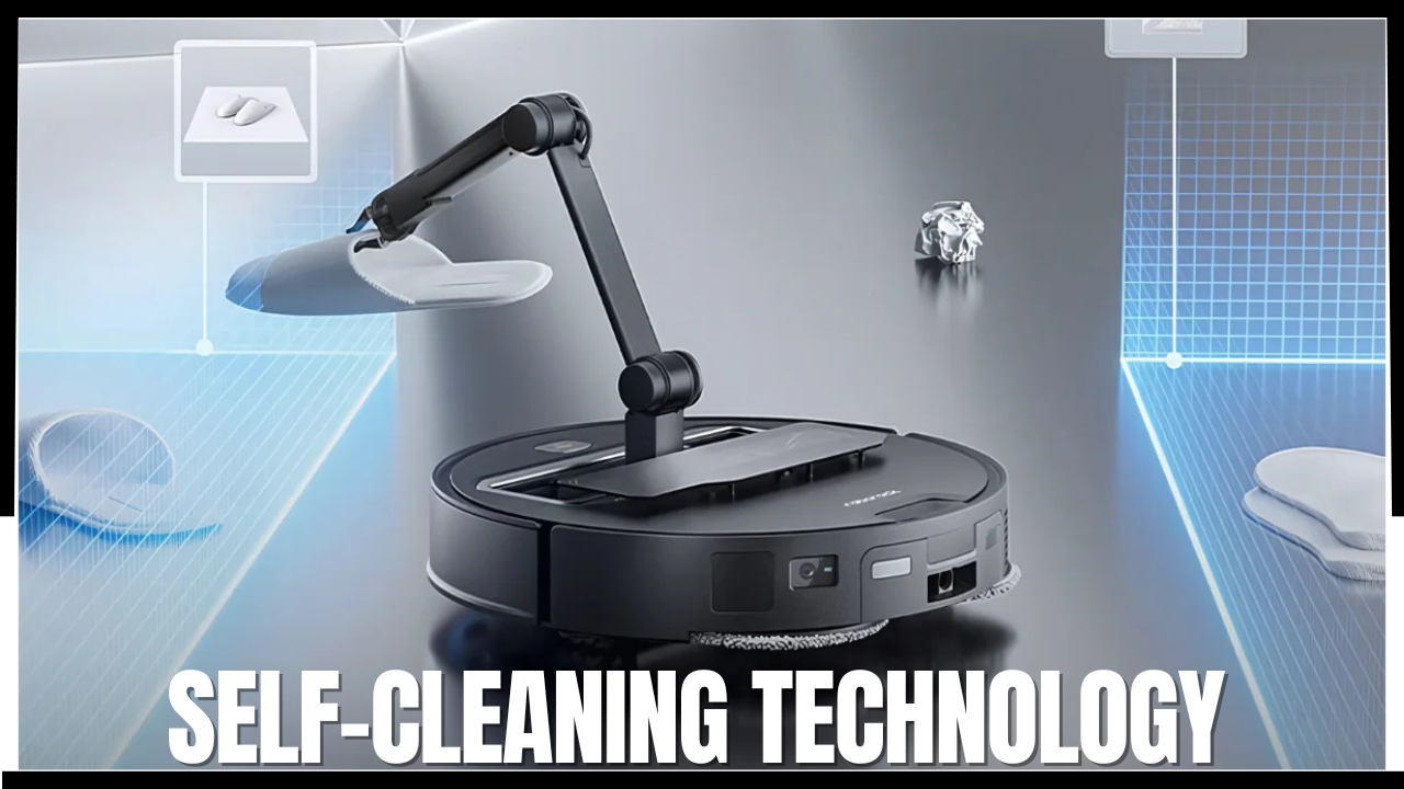 Black Roborock Saros Z70 demonstrating self-cleaning technology and OmniGrip five-axis robotic arm.