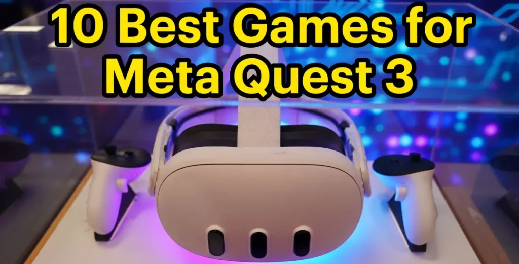 Meta Quest 3 VR headset on a charging dock with game list text.