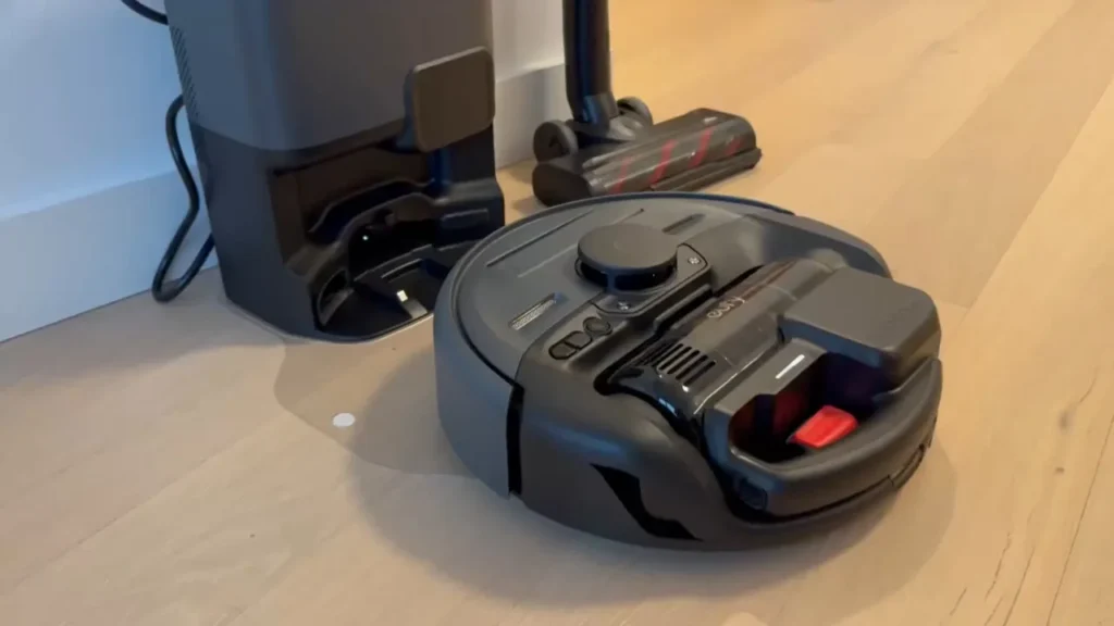 eufy S1 Pro showing the UniClean Station and LiDAR navigation turret on a wooden floor.