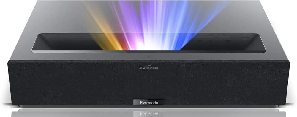 Black Formovie Theater UST projector with a vibrant multi-color laser light beam.