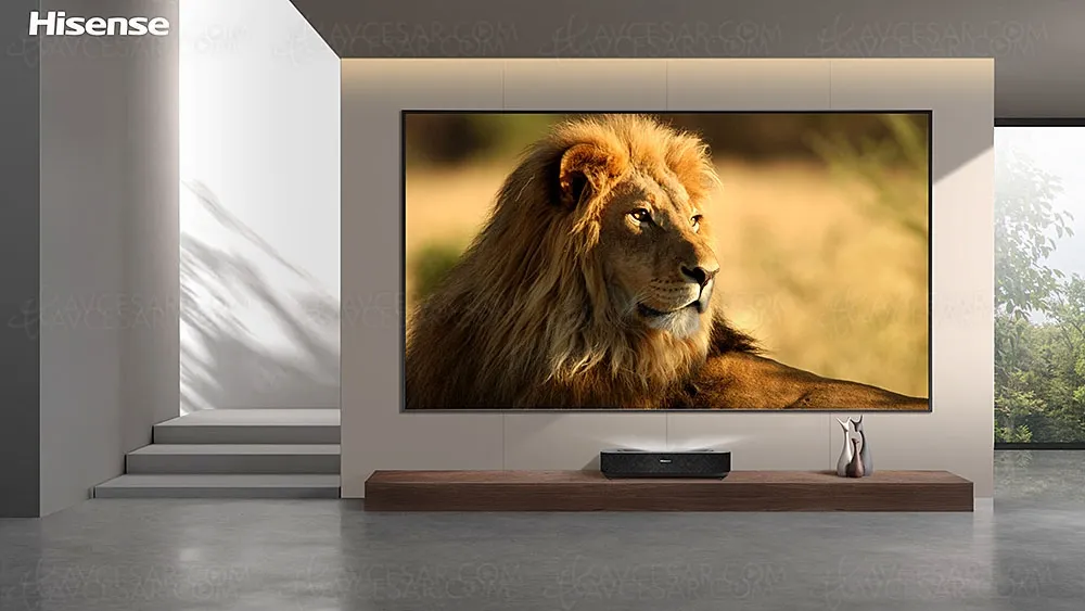 High-end Hisense Laser TV setup with ambient light rejecting screen in a bright living room.
