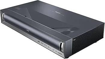 Dark grey Hisense PX3-PRO 4K laser projector with side cooling vents and a recessed lens.