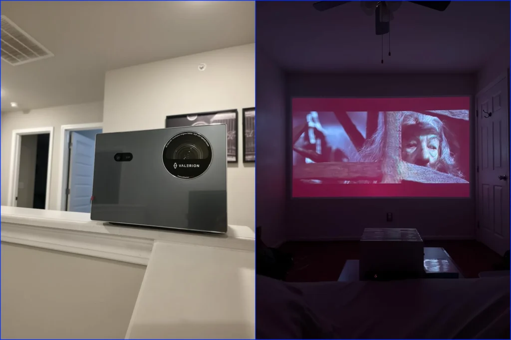 Valerion VisionMaster Max 4K projector lifestyle view and dark room projection quality.