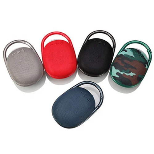 JBL Clip 4 waterproof Bluetooth speakers showing integrated carabiner hooks in multiple colors.