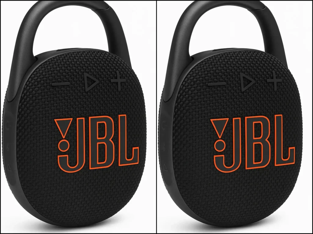 Black JBL Clip 4 waterproof speaker with integrated carabiner hook.
