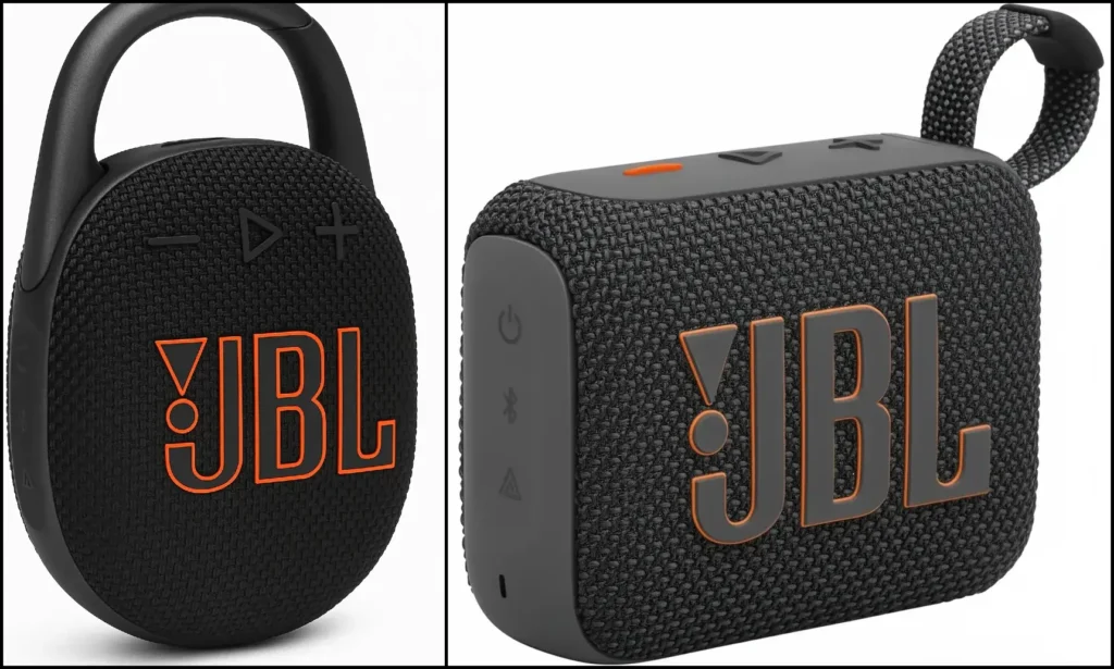 Comparison of black JBL Clip 4 with carabiner and JBL Go 3 portable speakers. JBL Go vs Clip Differences