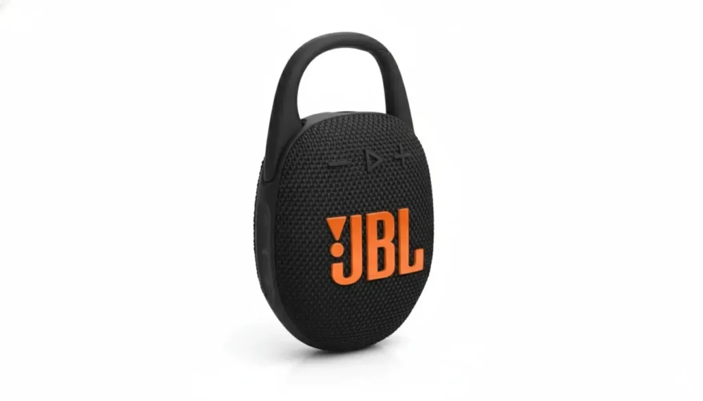 Black JBL Clip 5 waterproof portable speaker with integrated carabiner clip.