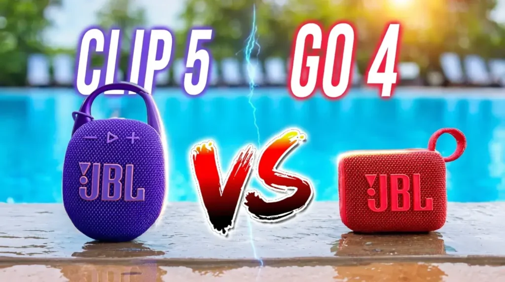 Purple JBL Clip 5 versus red JBL Go 4 portable Bluetooth speakers by a pool.