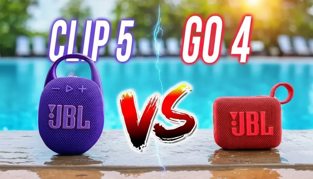Comparison of JBL Clip 5 with carabiner and compact JBL Go 4 speaker.