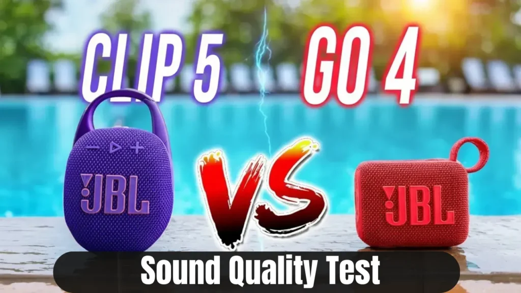 Purple JBL Clip 5 and red JBL Go 4 speakers side by side for sound test.
