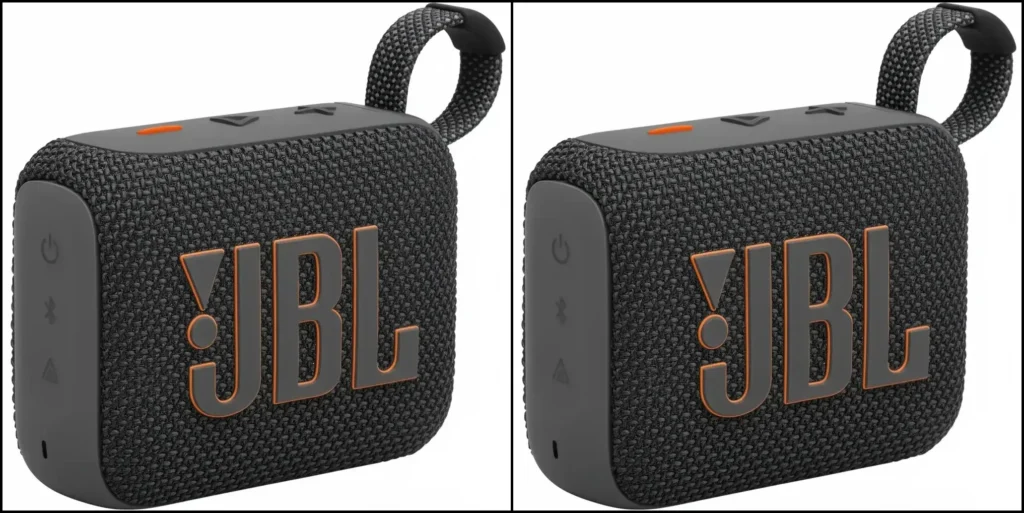 Black JBL Go 3 portable speaker with rugged fabric and orange accents.