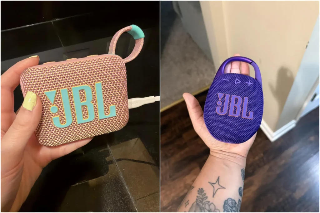 Handheld view of compact JBL Go 4 and Clip 5 waterproof Bluetooth speakers.
JBL Go 4 vs Clip 5 Battery Life Test