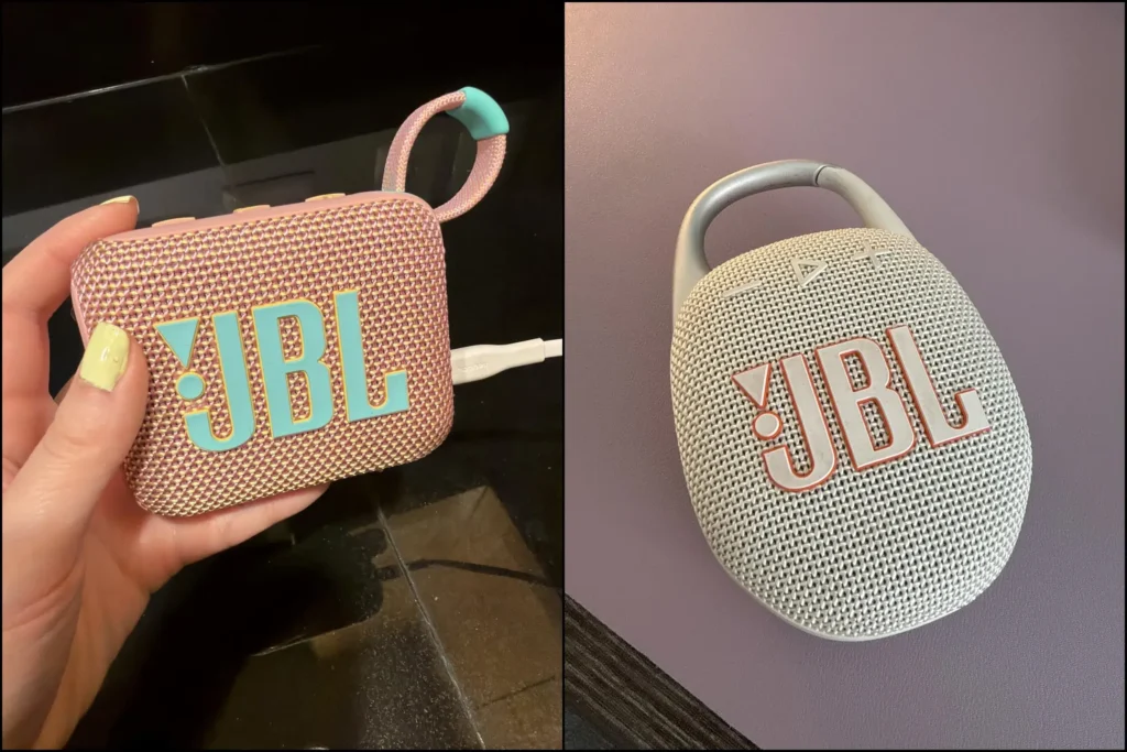 Two compact JBL Bluetooth speakers showing the integrated loop and carabiner designs.
JBL Go 4 vs JBL Clip 5 Comparison