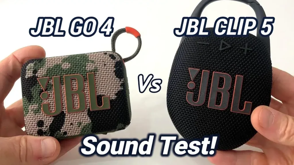 Side-by-side comparison of JBL Go 4 Squad and JBL Clip 5 portable speakers.