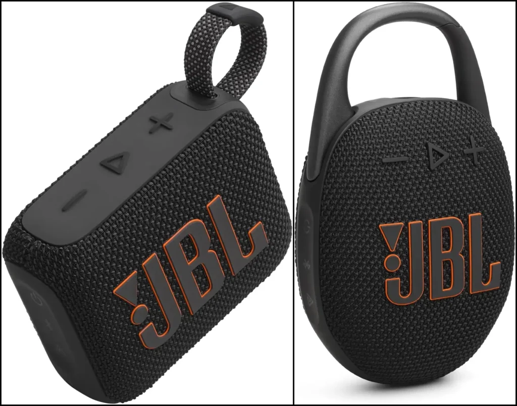 Comparison of black JBL Go 4 with carrying loop and JBL Clip 5 with integrated carabiner.
JBL Go 4 vs Clip 5 Sound Quality