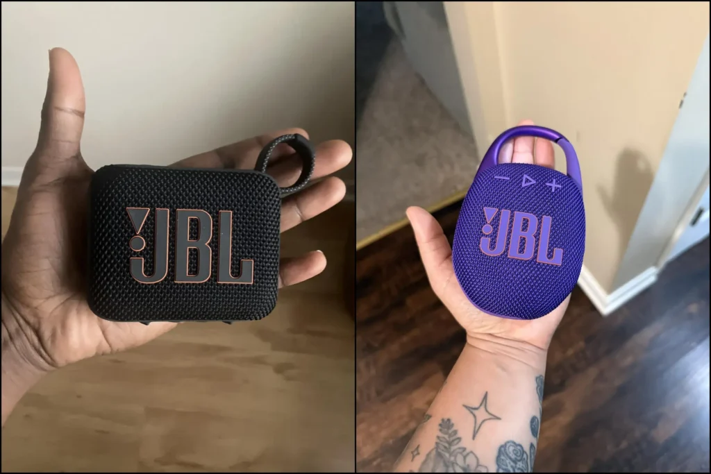 Size comparison of JBL Go 4 versus JBL Clip 5 portable Bluetooth speakers.