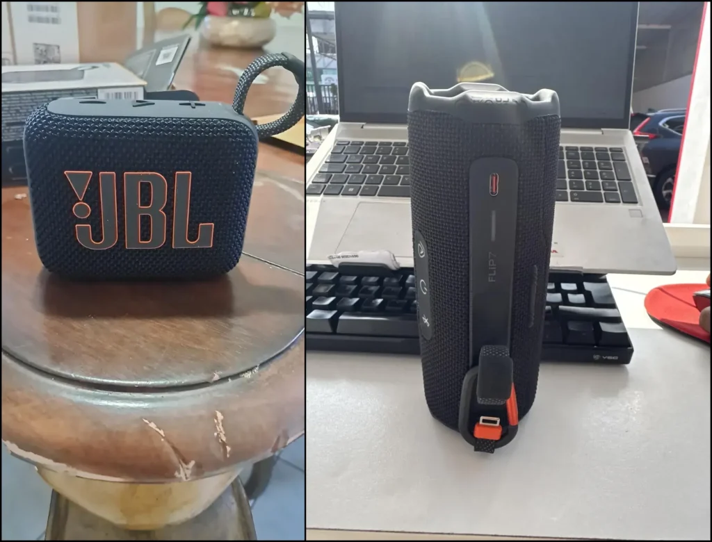 BL Go 4 with carrying loop versus the larger JBL Flip 7 speaker.