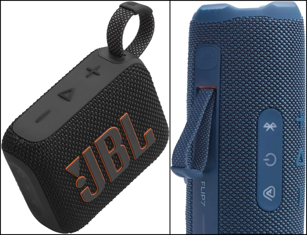 Comparison of black JBL Go 4 and blue JBL Flip 7 portable speakers.