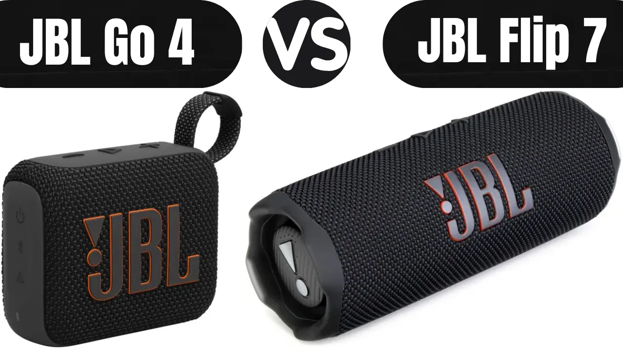 Comparison of black JBL Go 4 and JBL Flip 7 portable Bluetooth speakers.