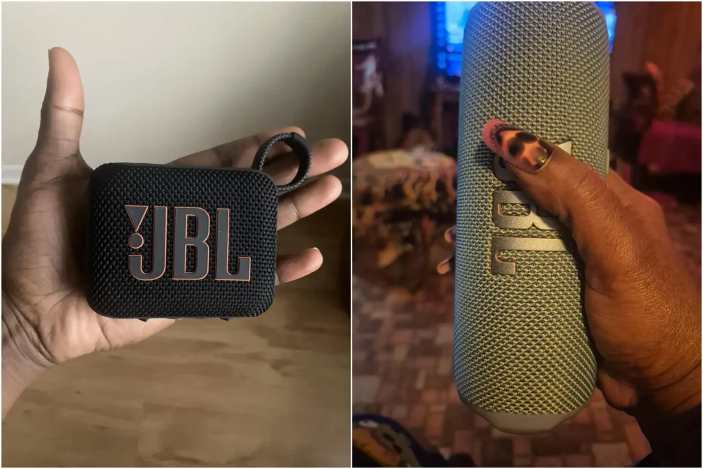 Handheld view of two JBL portable Bluetooth speakers showing the size difference. JBL Go 4 vs Flip 7