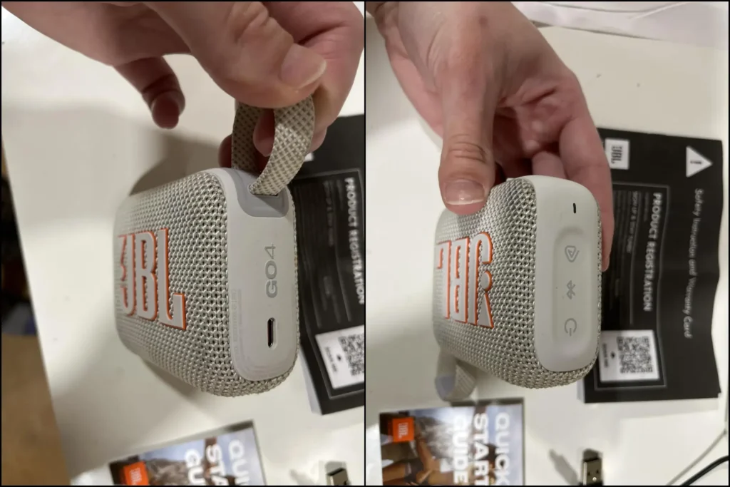 White and orange JBL Go 4 ultra-portable Bluetooth speaker with rugged mesh.