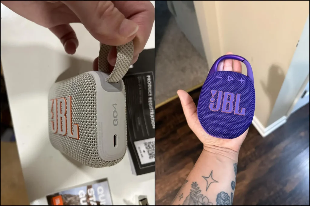 White JBL Go 4 and purple JBL Clip 5 speakers held in hand for scale.