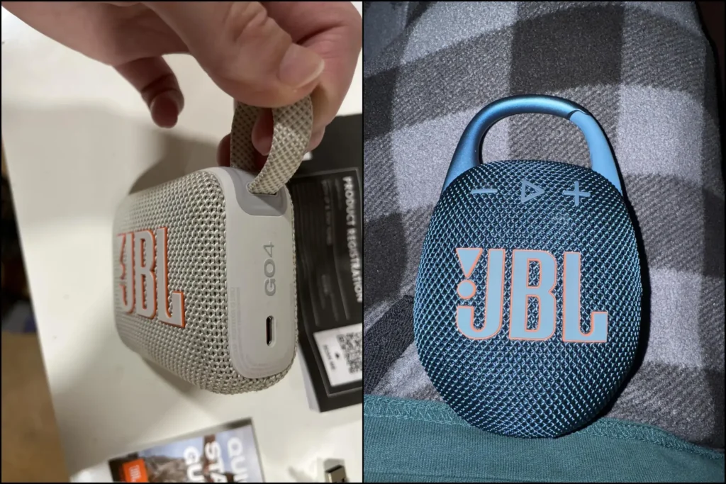 White JBL Go 4 with carrying strap compared to teal JBL Clip 5.