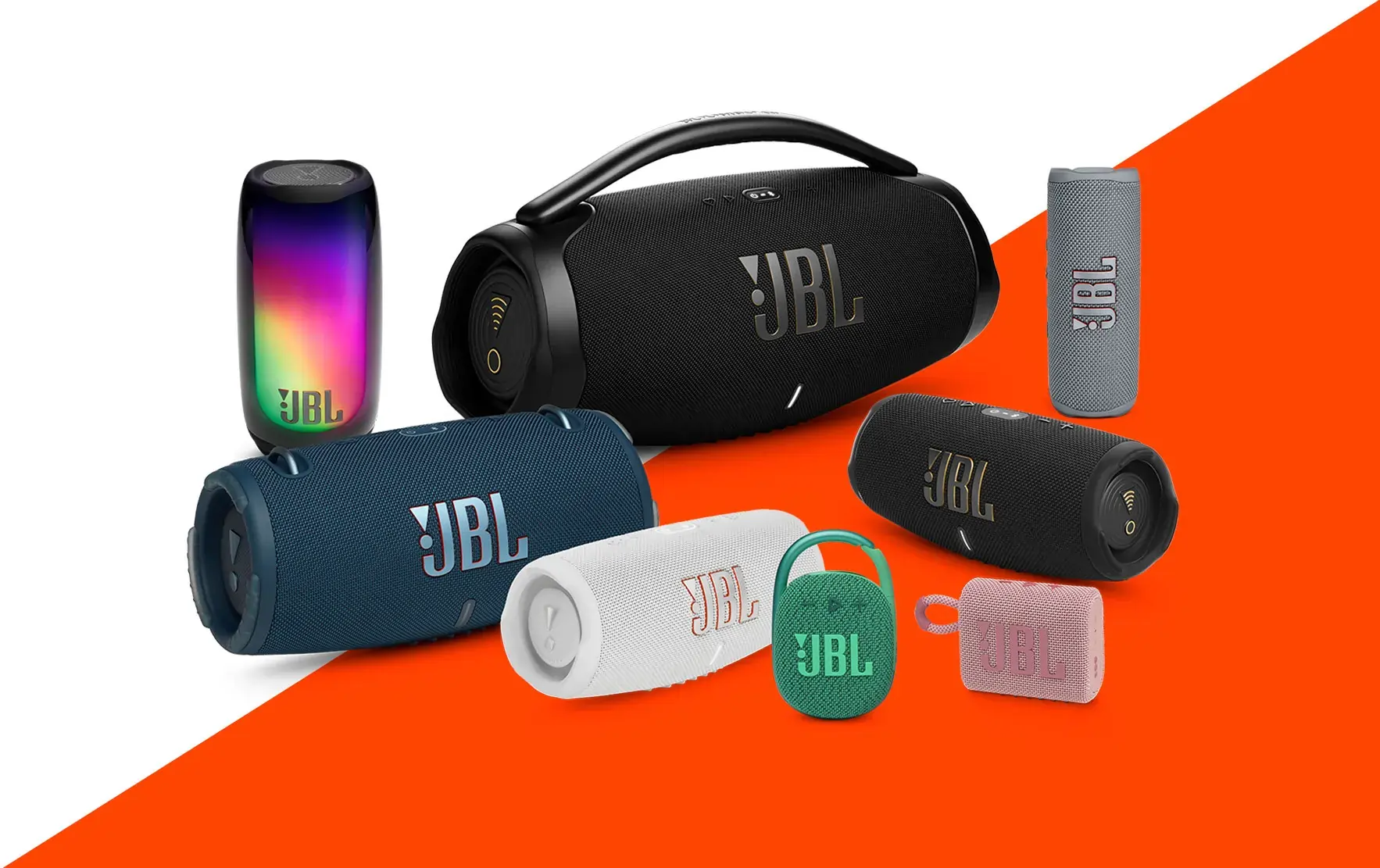 Comparison of different JBL Bluetooth speakers ranging from mini Go 3 to large Boombox.