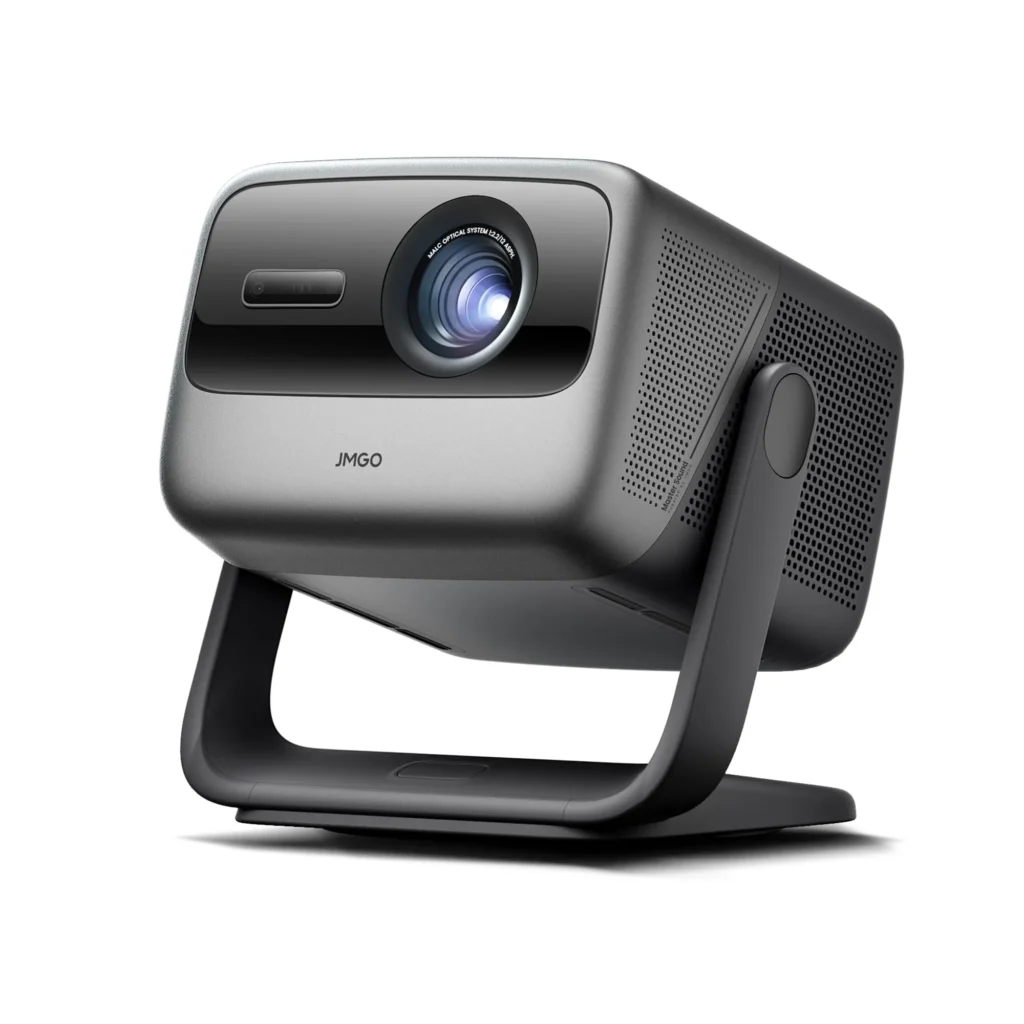 Grey JMGO N1 Ultra 4K projector with an integrated black gimbal swivel stand.