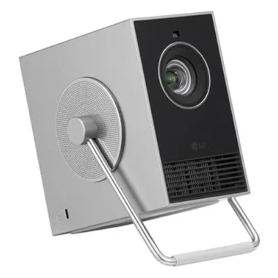 Front angle of an LG CineBeam Q projector highlighting the black faceplate and handle stand.