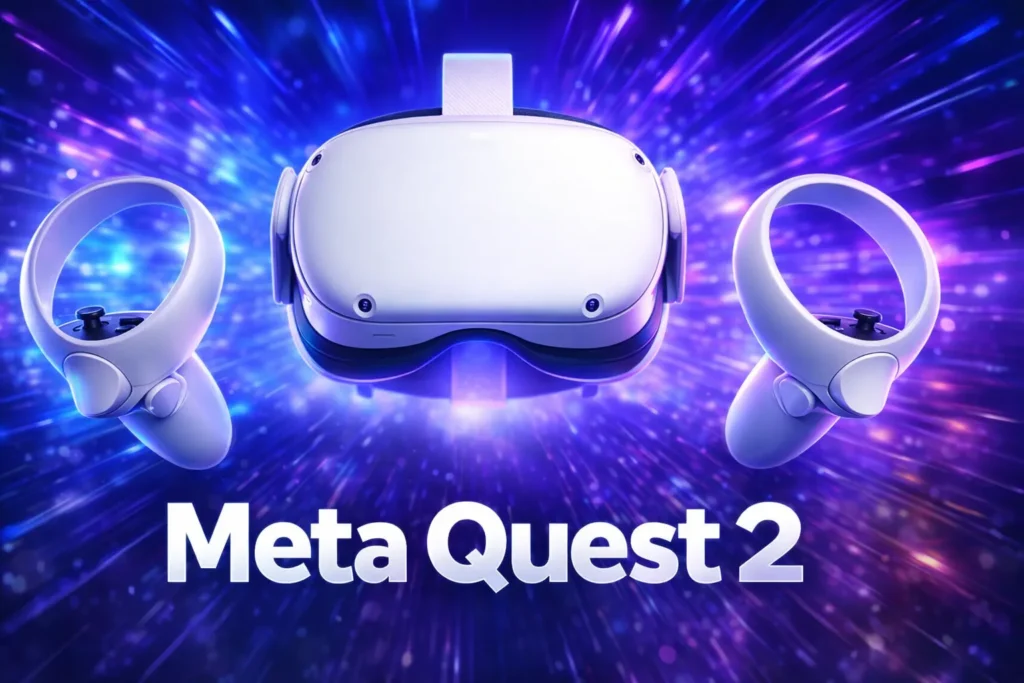 Front view of Oculus Meta Quest 2 VR hardware for gaming and apps.