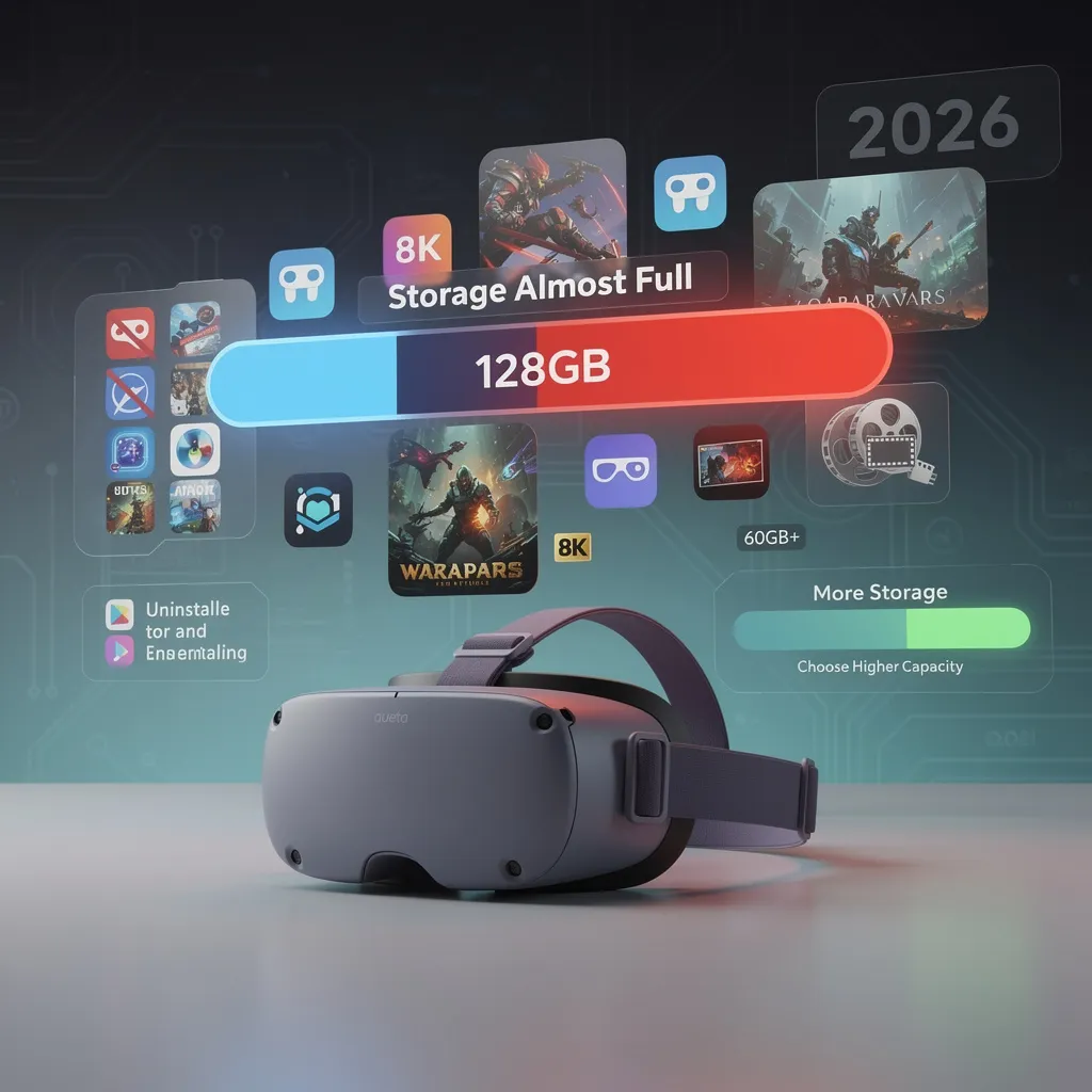 Infographic illustrating how 8K VR games quickly fill up a 128GB Meta Quest headset. How Much Storage Quest 3 Needs