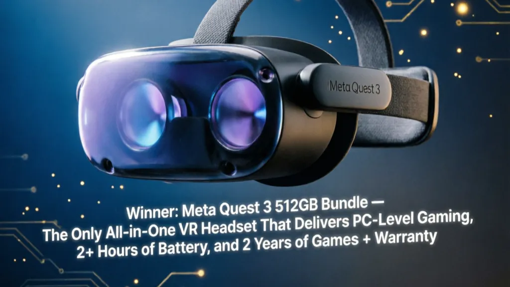  Meta Quest 3 VR headset offering PC-level gaming and 2-year warranty. (11 words)