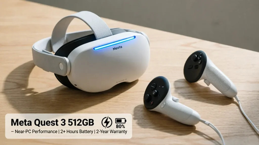 Meta Quest 3 512GB technical specifications infographic including warranty and battery details.