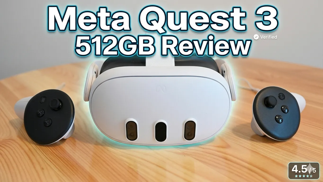 Meta Quest 3 headset and controllers on a wooden tabletop for review.