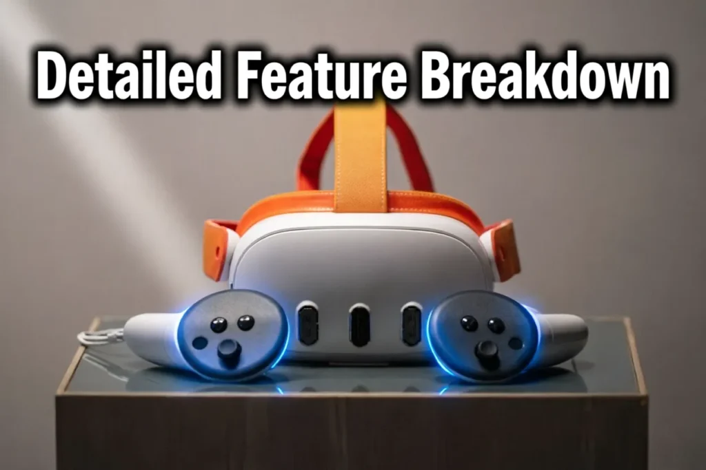 A detailed feature breakdown of the Meta Quest 3 virtual reality headset system.