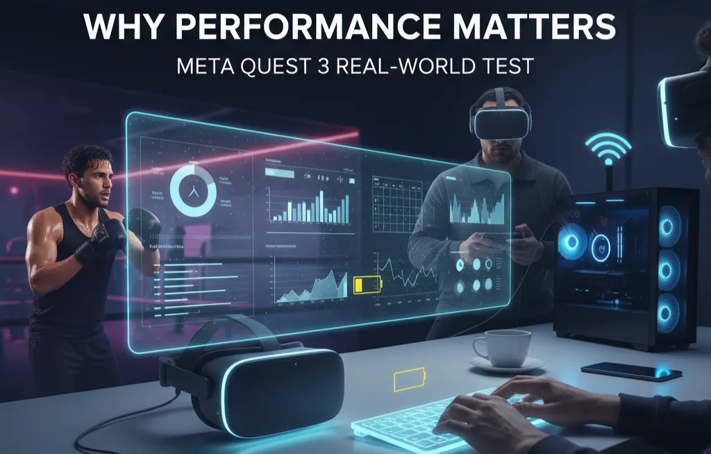 Meta Quest 3 performance analysis with wireless PCVR connectivity and fitness gaming tests.