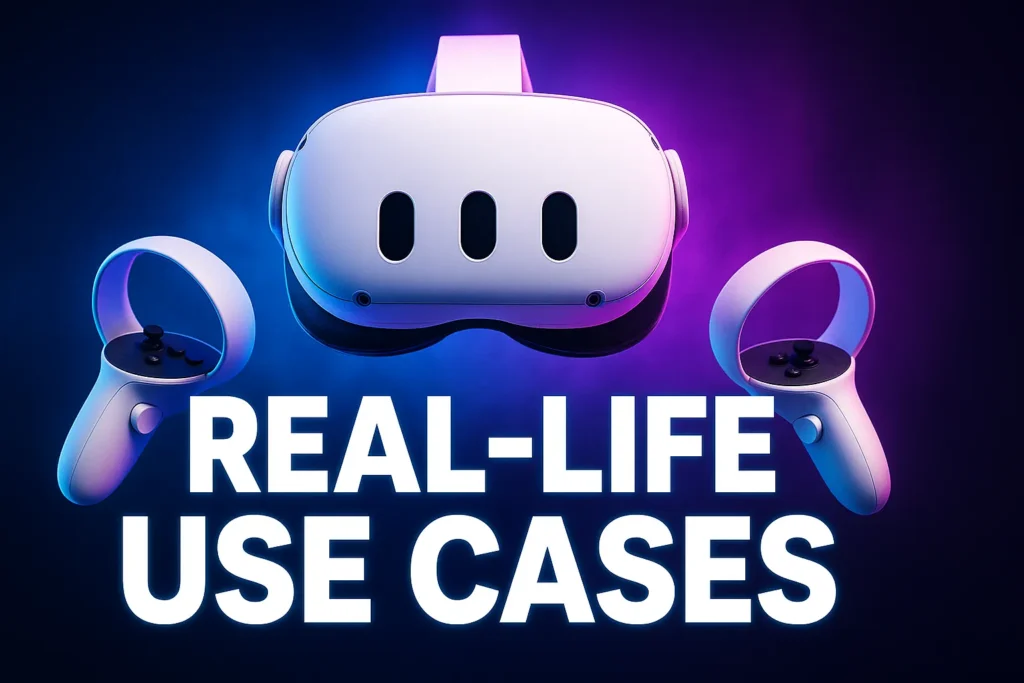 Meta Quest 3 headset and controllers highlighting real-life mixed reality applications.