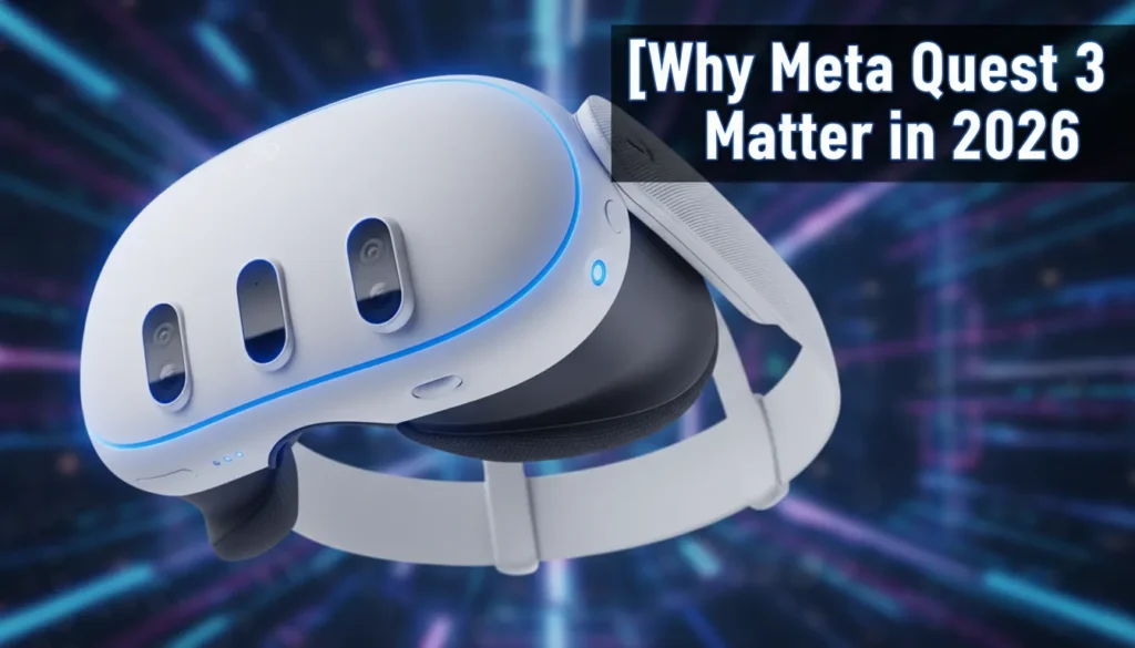 Close-up of white Meta Quest 3 hardware featuring a 2026 relevance guide text.