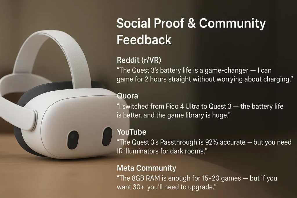 Meta Quest 3 user reviews regarding battery performance and game library comparisons.
