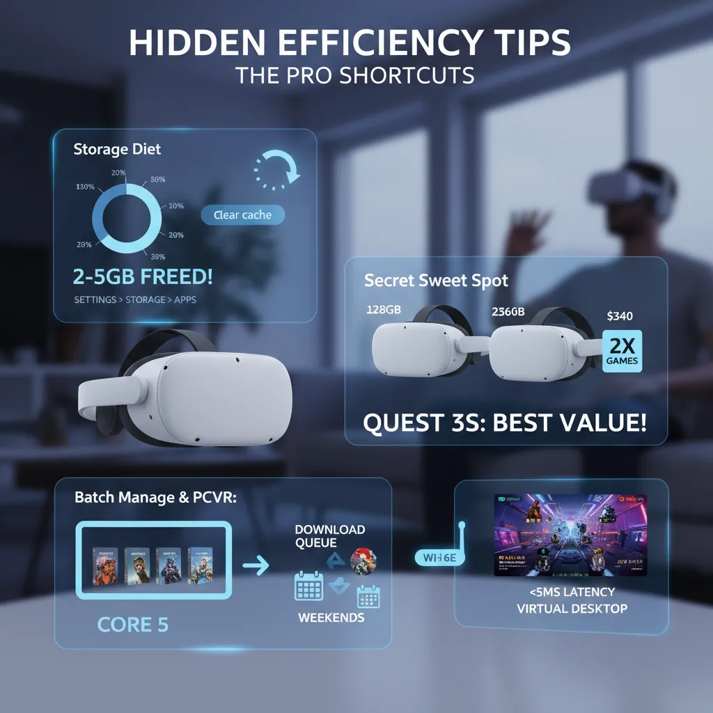 Meta Quest 3S pro shortcuts for batch managing games and reducing PCVR latency.