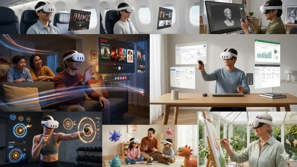 Collage of people using Meta Quest 3S for movies, work, and fitness.